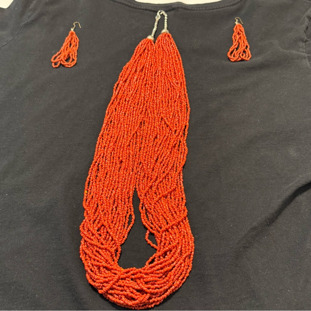 Native American Red Faux Coral Colored Beaded Necklace and Earring Set Holiday